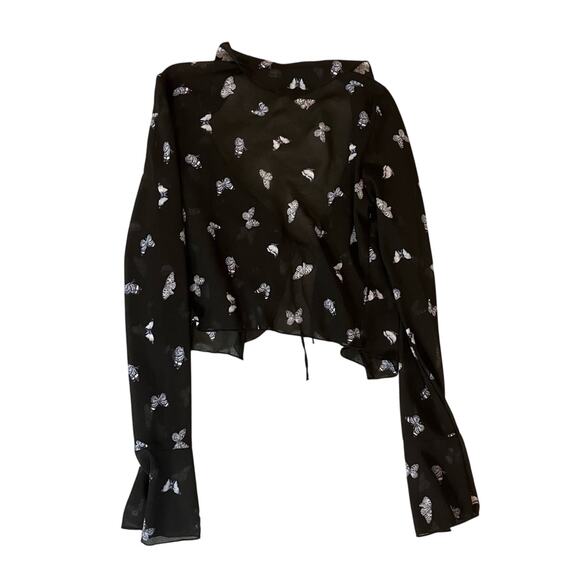 H&M Divided Black Blue Butterfly Sheer Flounce-Trimmed Chiffon Blouse Size Small - Picture 9 of 9